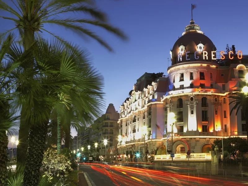 вечер, ницца, улица, пальмы, огни, hotel negresco