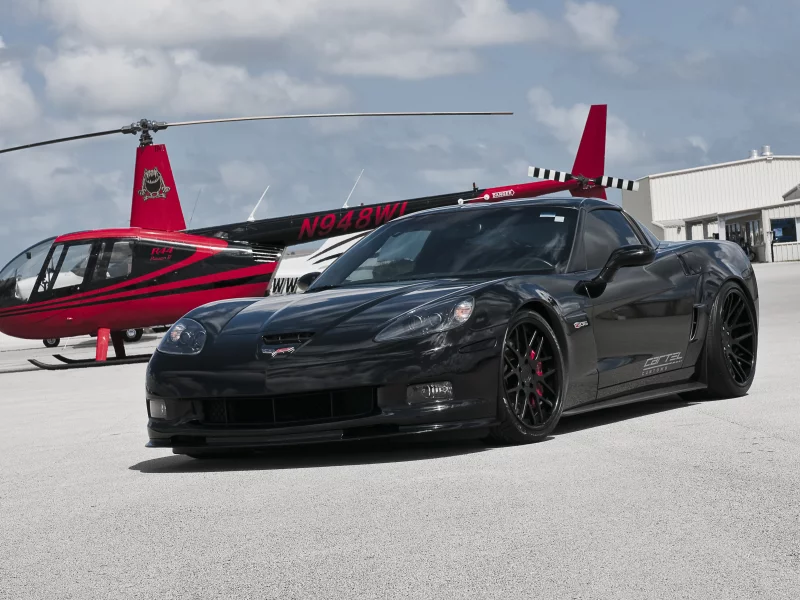 z06, chevrolet, шевроле, corvette, black, корвет, чёрный, robinson r44 raven 2, передняя часть, вертолёт