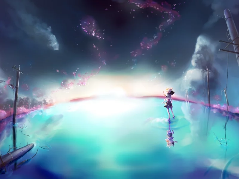 свет, вода, отражение, kagamine rin, облака, вокалоид