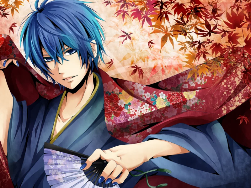 kaito, парень, листья, веер, осень, vocaloid, кимоно