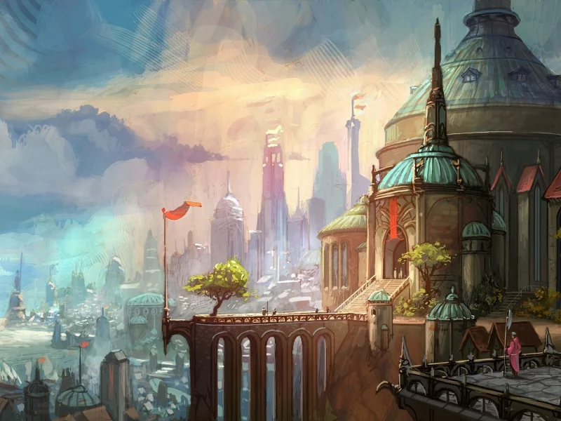 город, море, деревья, league of legends, арт, люди, пейзаж, demacia