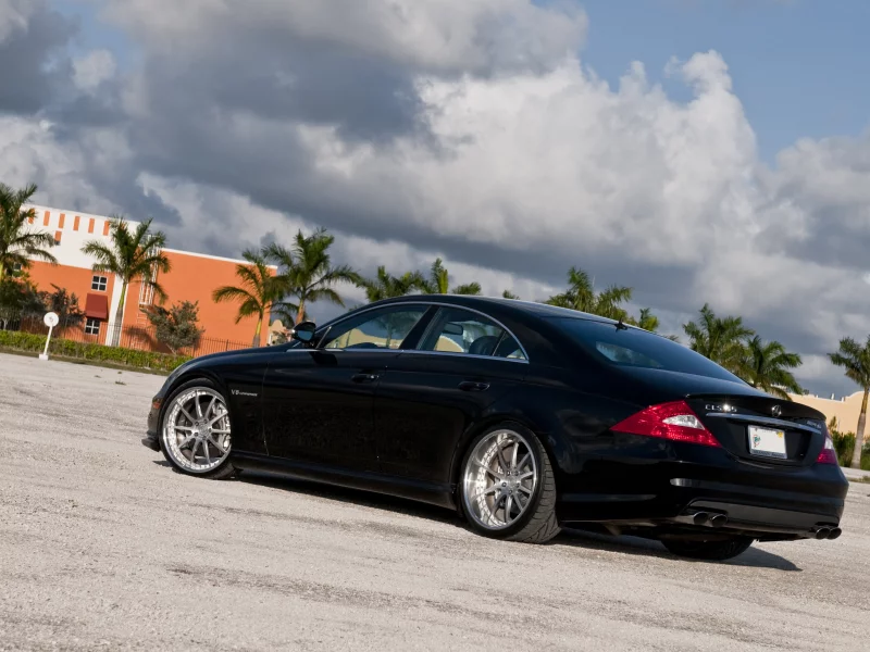 mercedes, пальмы, black, облака, задняя часть, cls 55, небо, мерседес, amg, чёрный