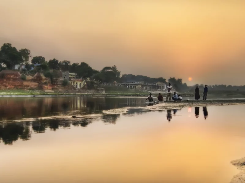 индия, берег, река, вода, закат, люди