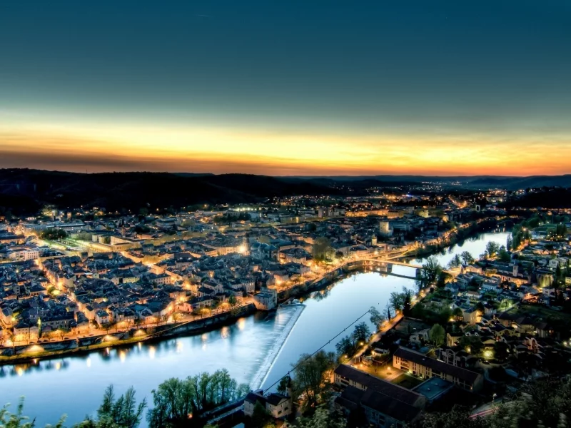 city, cahors, ло, огни, каор, город, вечер, закат, франция, река