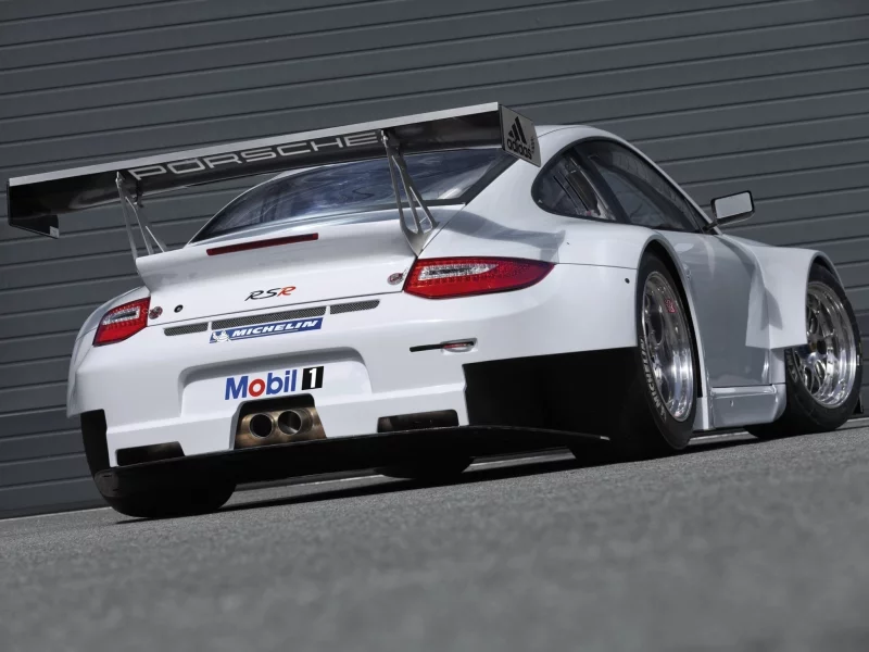 суперкар, 911, белый, gt3, наклейки спонсоров, porsche, порше, 997, adidas, michelin, рср, спойлер, гоночный болид, вид сзади, rsr, гт3, mobil1, антикрыло