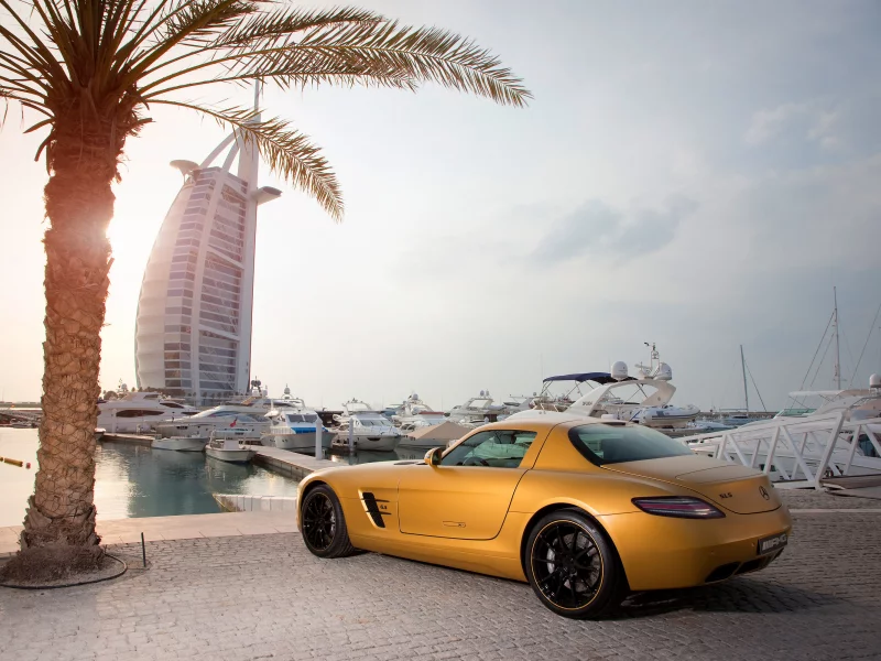 mercedes benz, яхты, desert, золотой, hotel, burj al arab, пальма, отель, обои, gold, amg, sls, небо