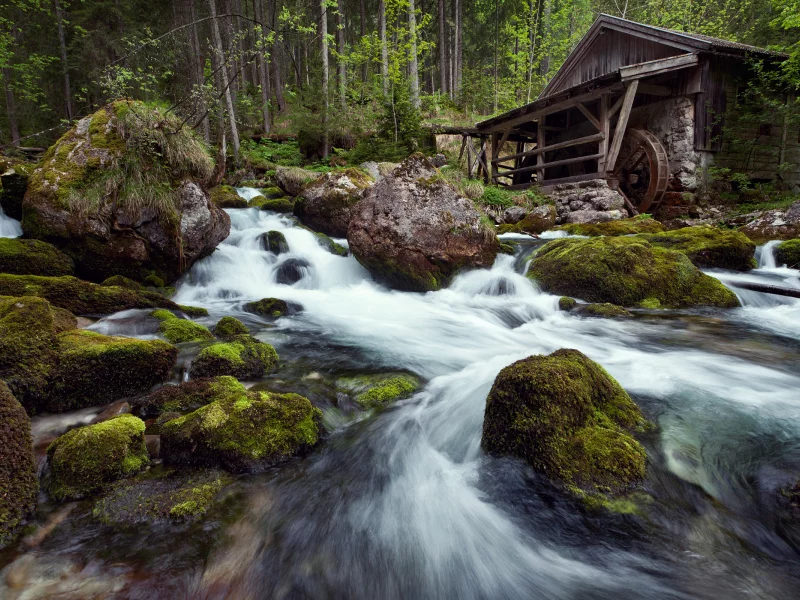 река, водопад, мох, камни