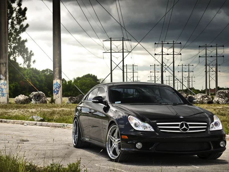 mercedes, мерседес, чёрный, высоковольтные столбы, black, небо, тучи