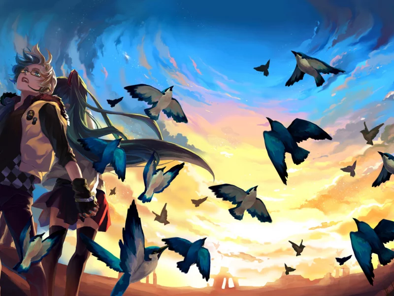 небо, птички, vocaloid, hatsune miku