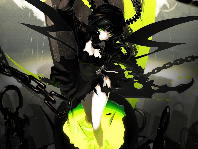цепи, takanashi yomi, black rock shooter, коса, девушка, столбы