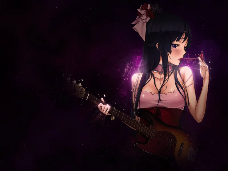 девушка, k-on, гитара, очки, akiyama mio