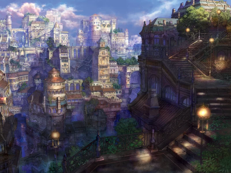 арт, сказочный, лестница, fairytail, город, фонари, мир