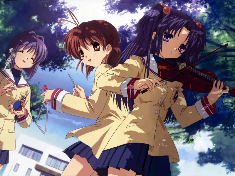 кланнад, синие волосы, музыкант, школа, аниме, темные волосы, clannad, anime, девочки, юбка, деревья, улыбка, скрипка, глаза, обои