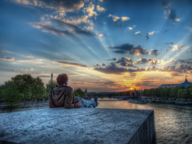 закат, hdr, париж, река