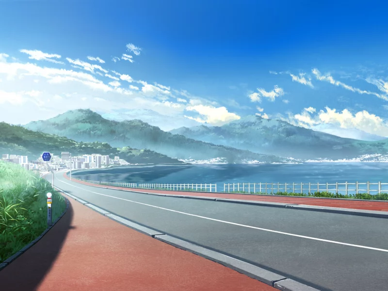 art, тротуар, море, арт, anime, горы, облака, город, дорога, пейзаж, city landscape