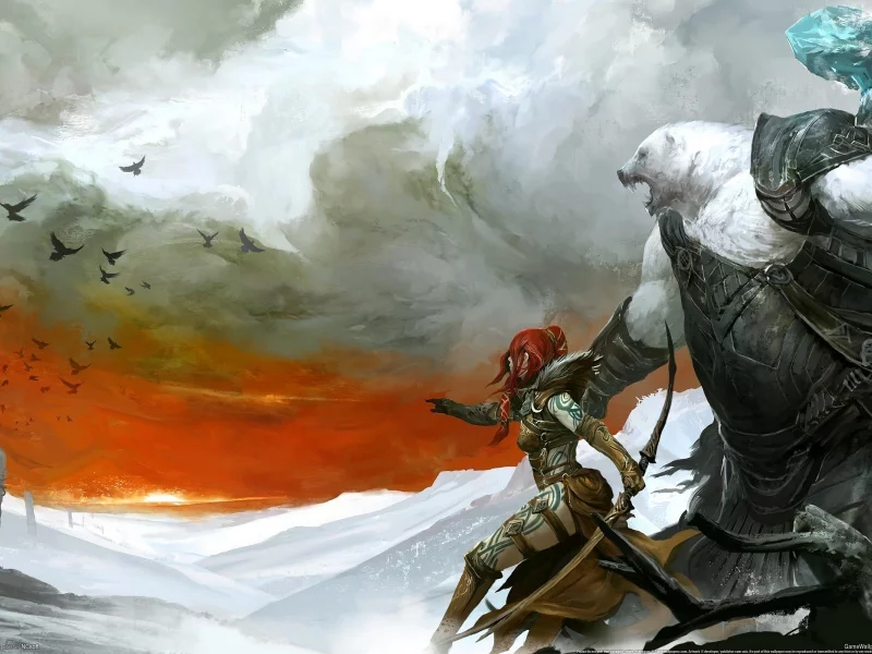 рыжая, снег, guild of wars 2, медведь, птицы, девушка, столбы, броня, лук