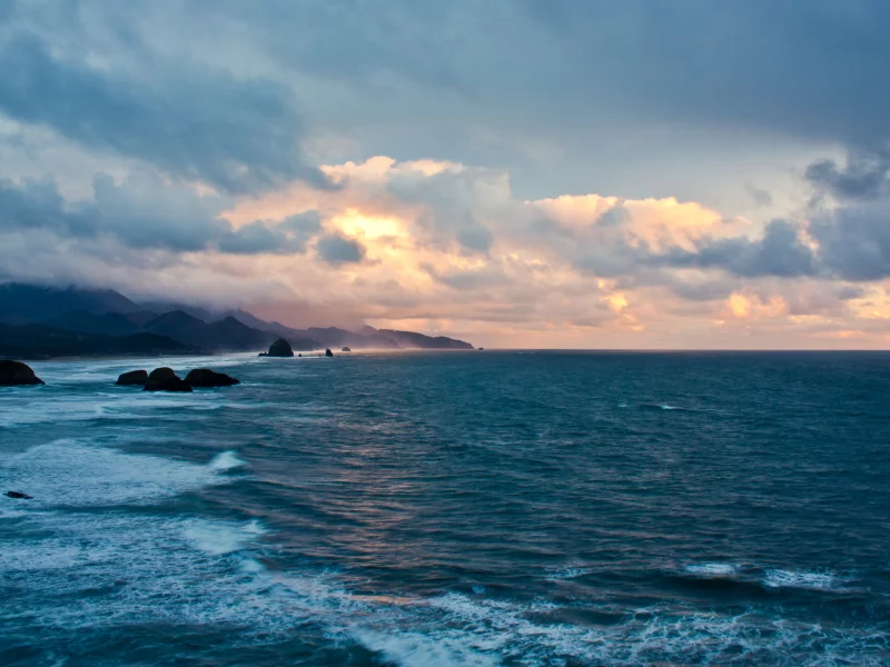 oregon coast sunset, haystack rock, ecola state park