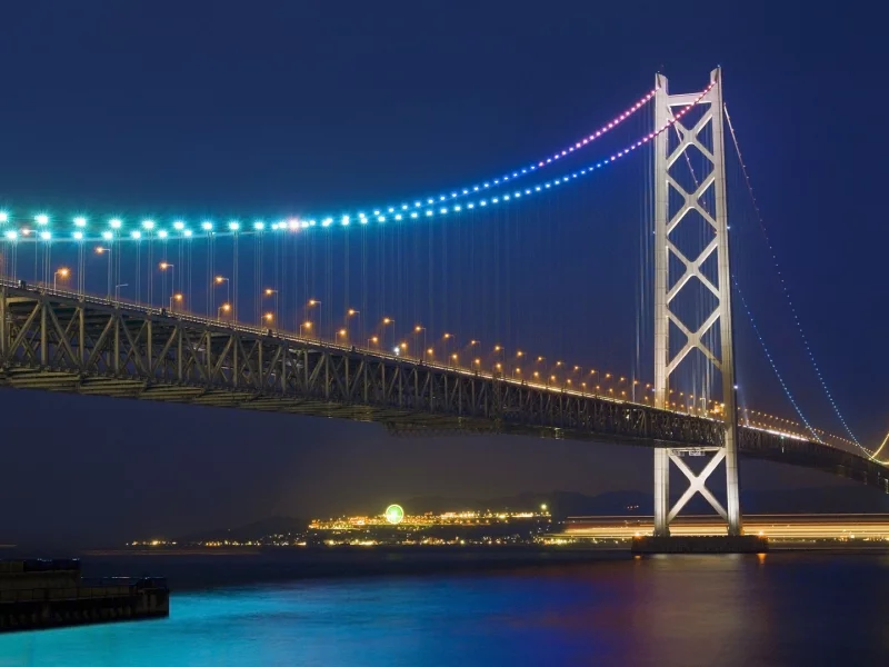 мост, akashi strait bridge, огни, japan, ночь