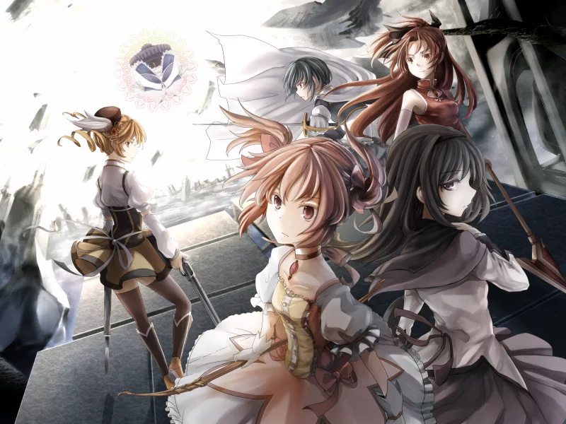 плащ, девушки, mahou shoujo madoka magica, винтовка, лук, шляпка, оружие