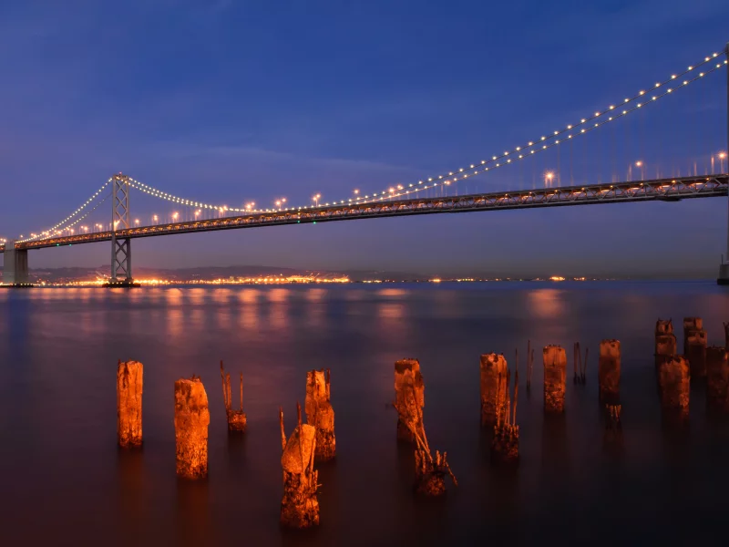 мост, огни, bay-bridge, вода, сан-франциско, панорама, ночь