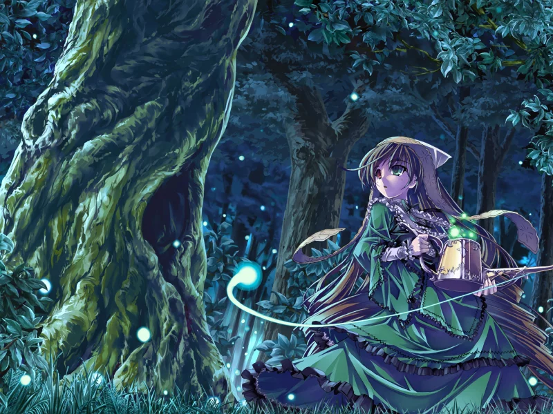 suiseiseki, rozen maiden, огни, девушка, лес, ночь, фонарь