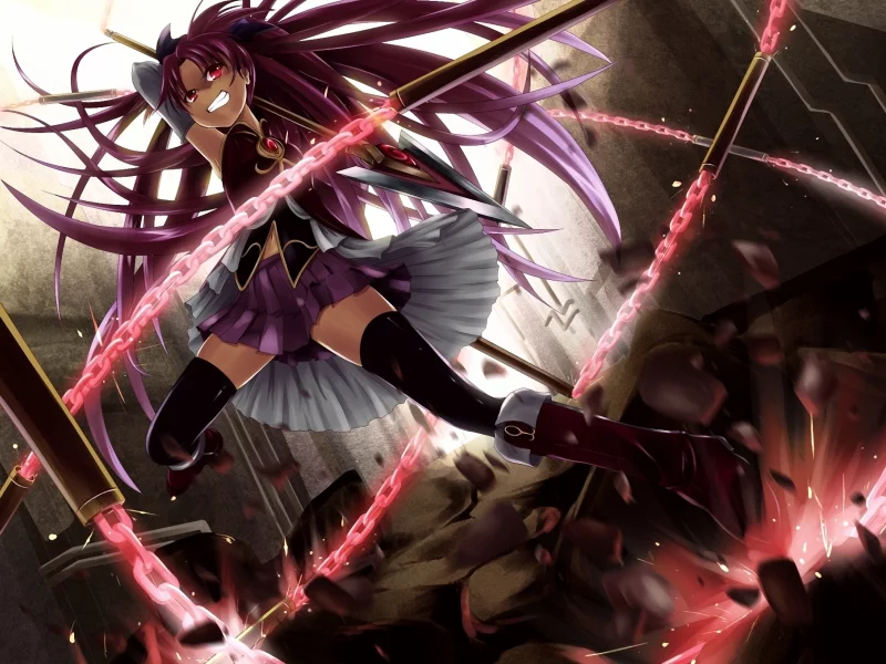 ярость, магия, девушка, цепь, mahou shoujo madoka magica, камни, красные глаза