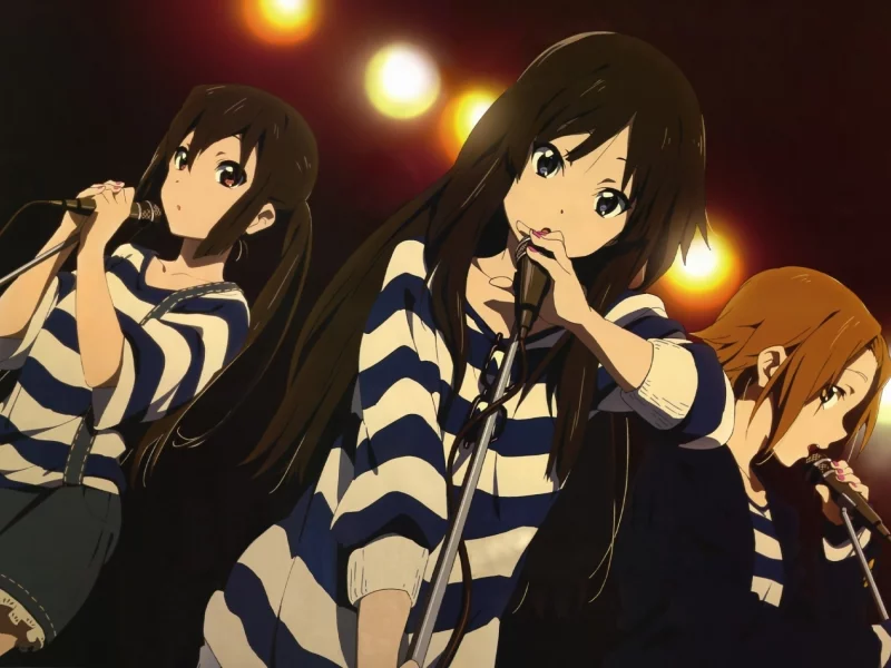 k-on!, микрофоны, тельняшка, девушки, группа, огни
