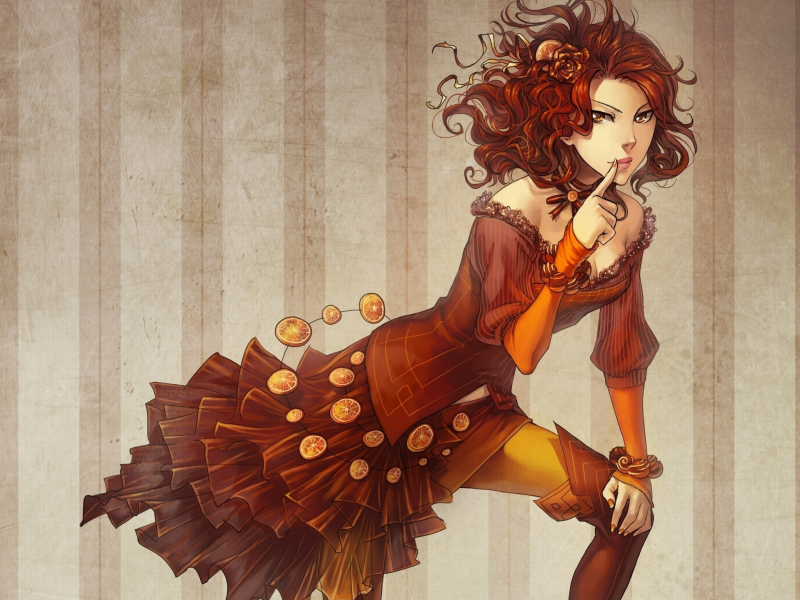 платье, девушка, декольте, апельсин, tagme (artist), цветок в волосах