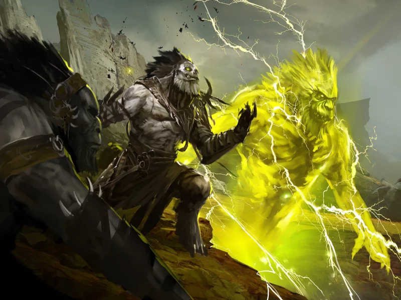 guild wars 2, дух, молнии, горы, воин, тролль