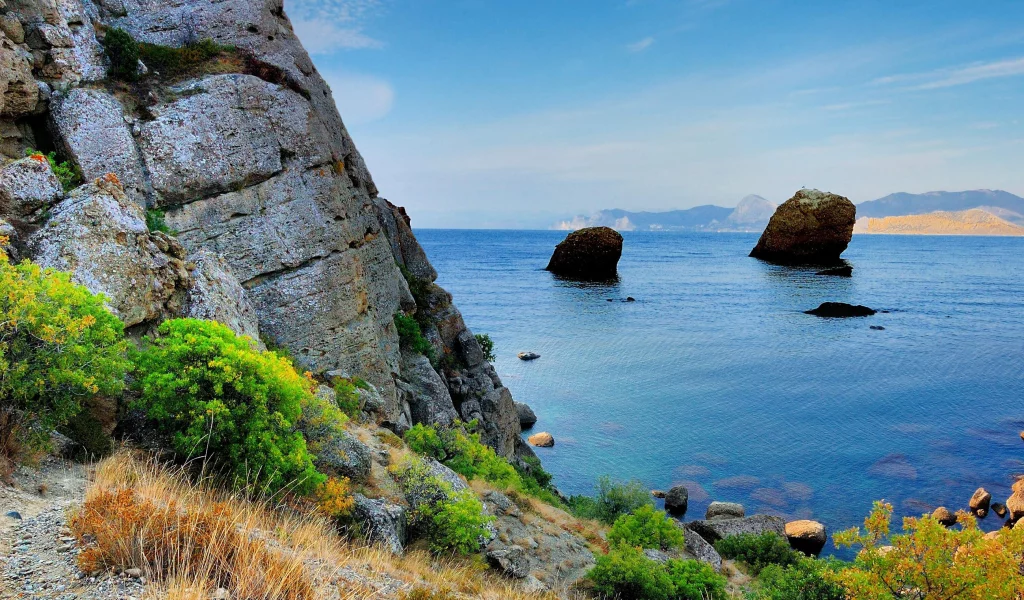 скала, крым, кусты, море, черное, горы, берег, камни