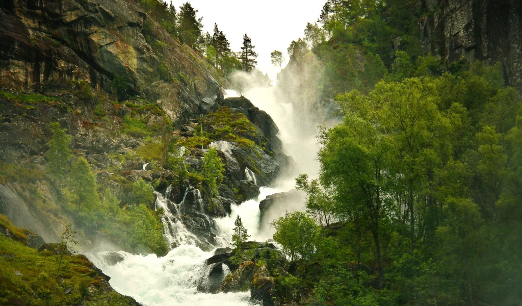 дымка, туман, лес, водопад, пар, природа
