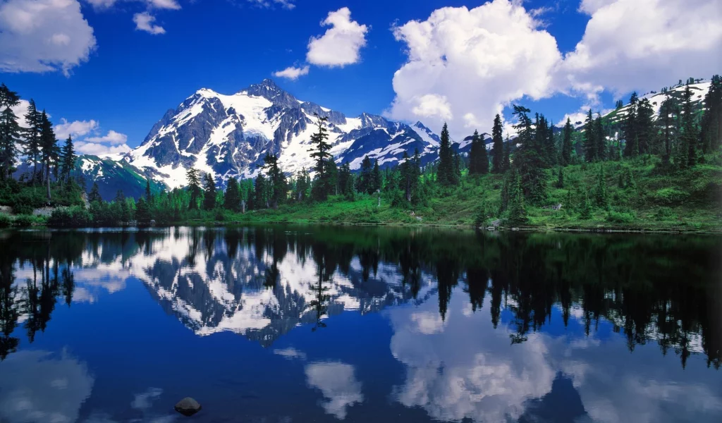 озеро, mount shuksan, лес, reflection, отражение, горы, природа