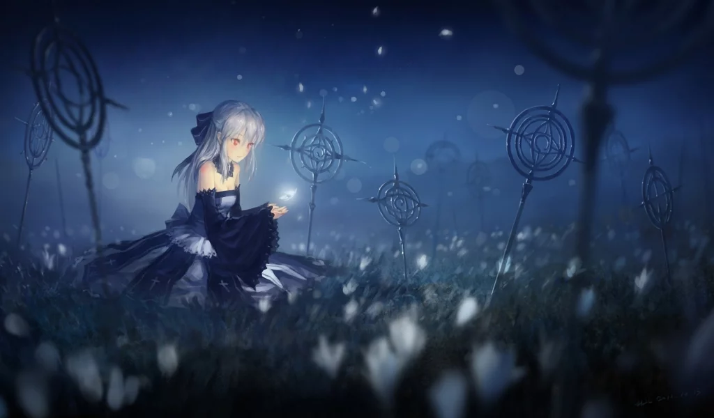 арт, поляна, сидит, девушка, pixiv fantasia, лепестки, ночь, hjl