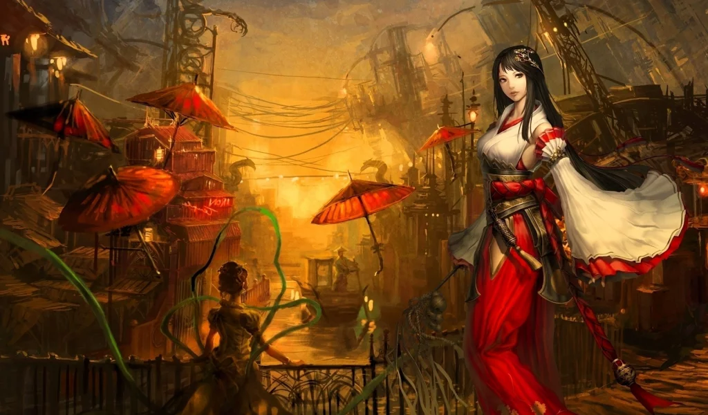 лодка, atlantica online, зонтики, платье, лента, город, девушки