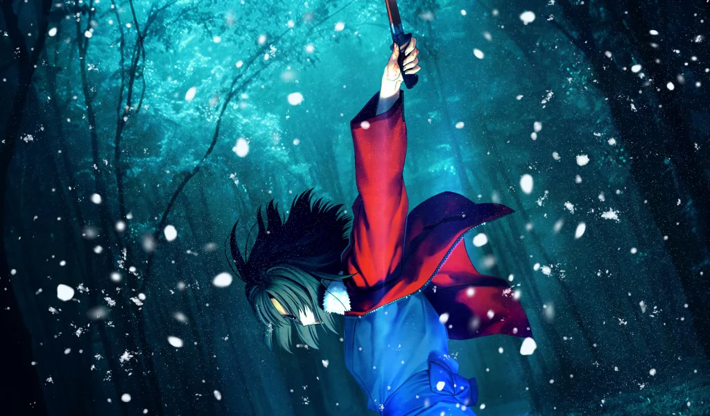 kara no kyoukai, меч, shiki ryougi, катана, девушка, снег, лес, взмах, сад грешников