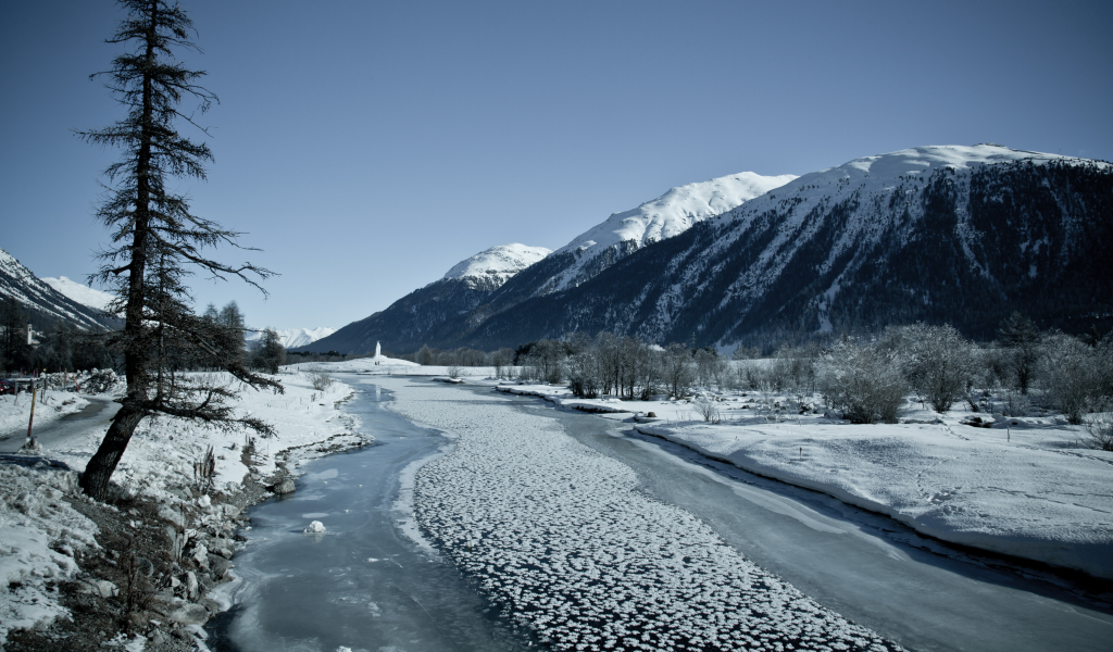 река, снежные вершины, зима, долина, лёд