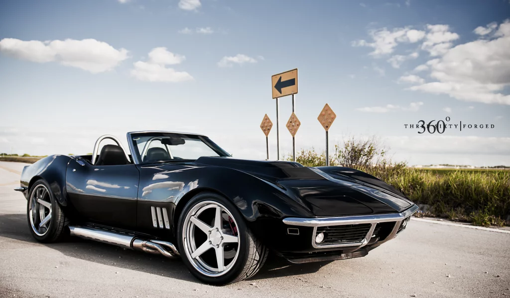 передняя часть, небо, c3, black, corvette, chevrolet, чёрный, дорожный знак, облака, шевроле, корвет, 360 three sixty forged