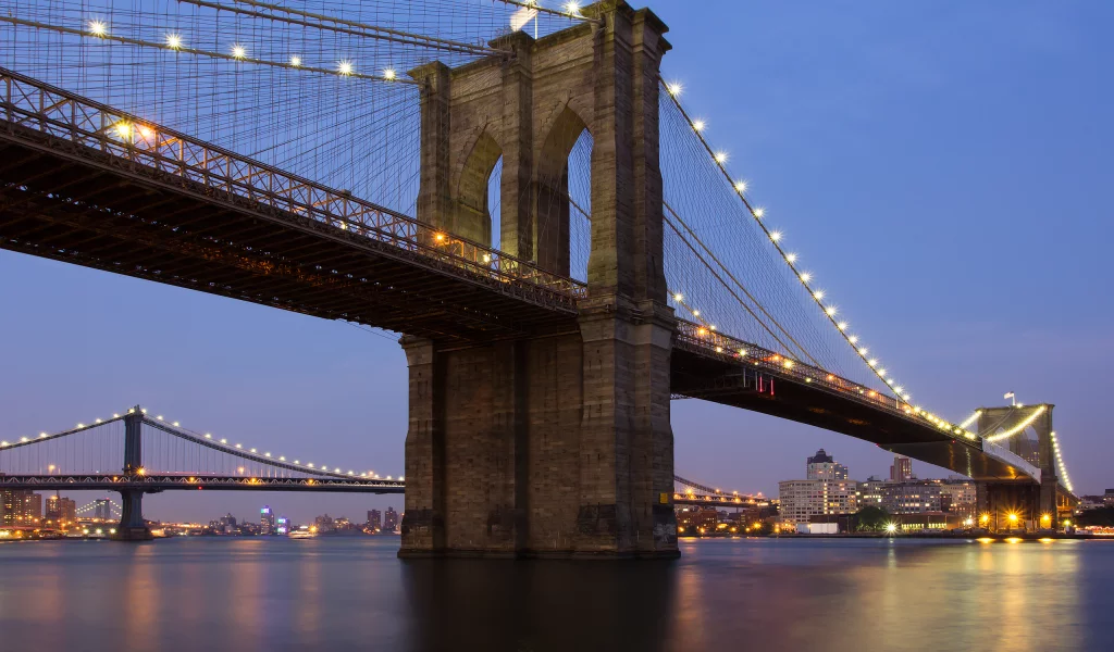 бруклин, вода, манхеттен, нью-йорк, бруклинский мост, мост, brooklyn bridge, new york, огни, manhattan