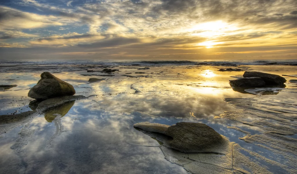закат, берег, камни, море, вода