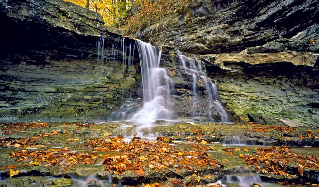 осень, водопад, листья