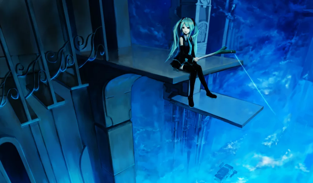 удочка, hatsune miku, улыбка, vocaloid, лестница, высота, девушка