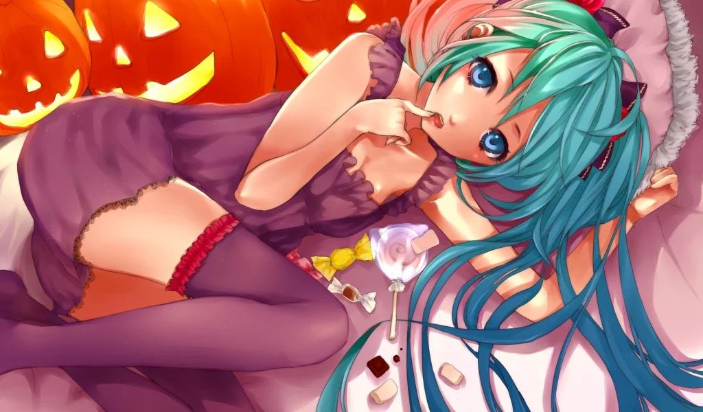 halloween, подушки, чулки, тыквы, vocaloid, конфеты, девушка, лежит, hatsune miku