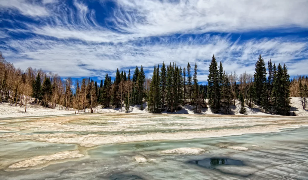 лес, зима, облака, весна, across ice of dog lake