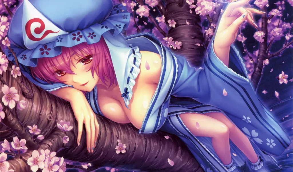 сакура, девушка, touhou, кимоно, дерево, лепестки, бабочка, saigyouji yuyuko