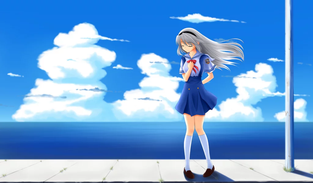 море, облака, столб, форма, девушка, томоё сакагами, clannad