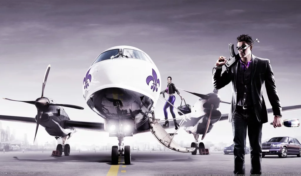 the third, saints row, баба, самолет, gamewallpapers, фиолетовое, парень, thq, оружие, машины