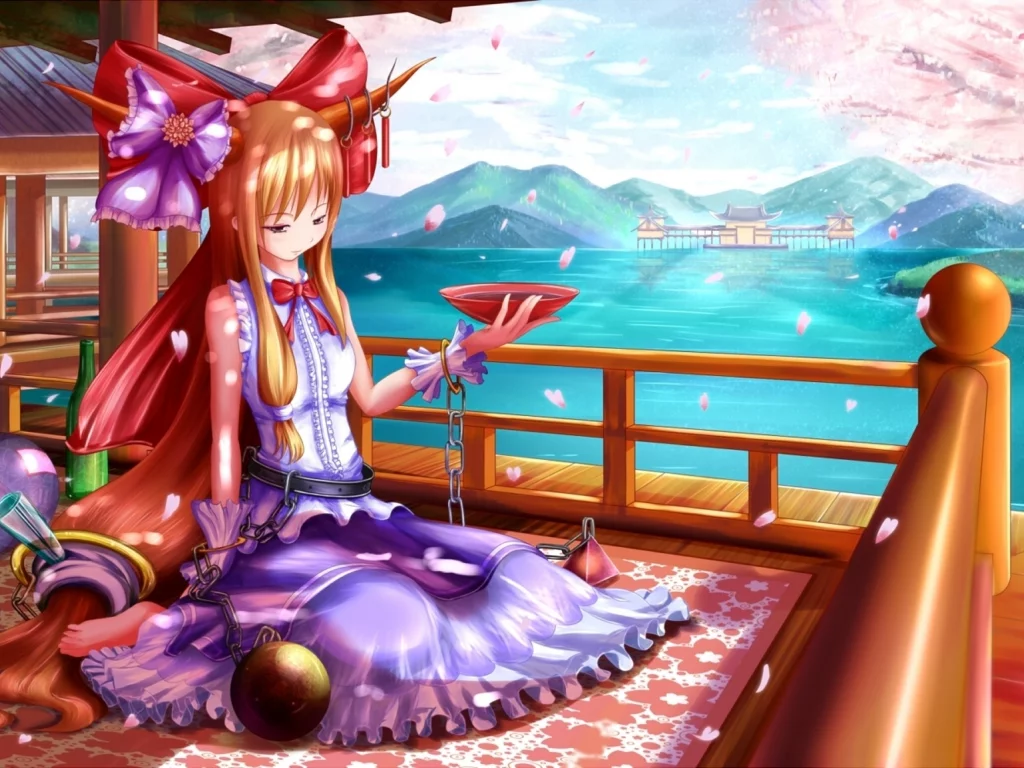бант, цепи, перила, ibuki suika, пиала, девушка, touhou, пленница, рога, пруд, сакура