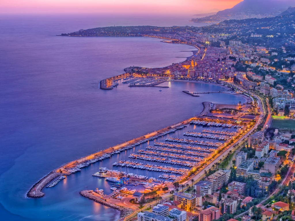 порт, menton, огни, france, закат, ментона, дома, курорт, океан, вечер, франция