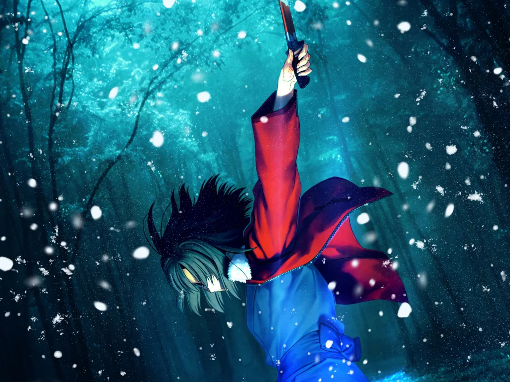 kara no kyoukai, меч, shiki ryougi, катана, девушка, снег, лес, взмах, сад грешников