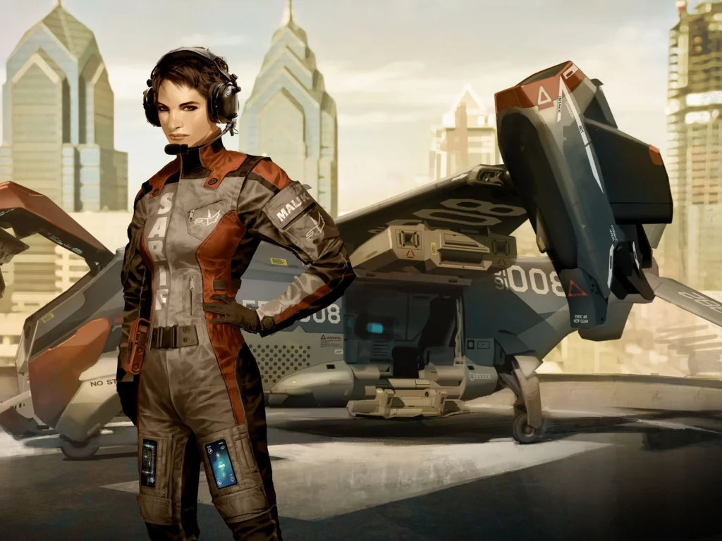 графика, самолет, deus ex, арт, игра, пилот, девушка, human revolution